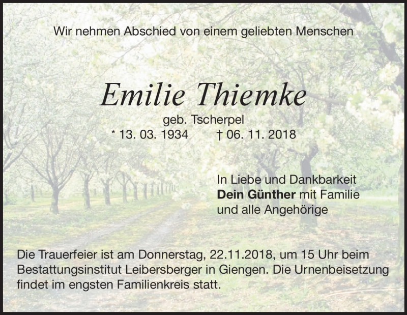  Traueranzeige für Emilie Thiemke vom 21.11.2018 aus Heidenheimer Zeitung