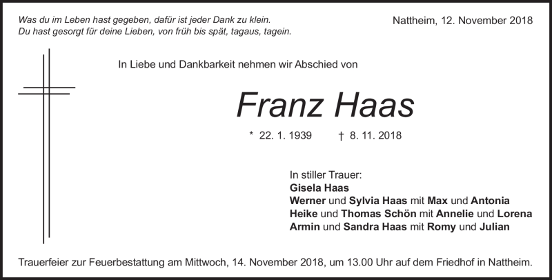  Traueranzeige für Franz Haas vom 12.11.2018 aus Heidenheimer Zeitung