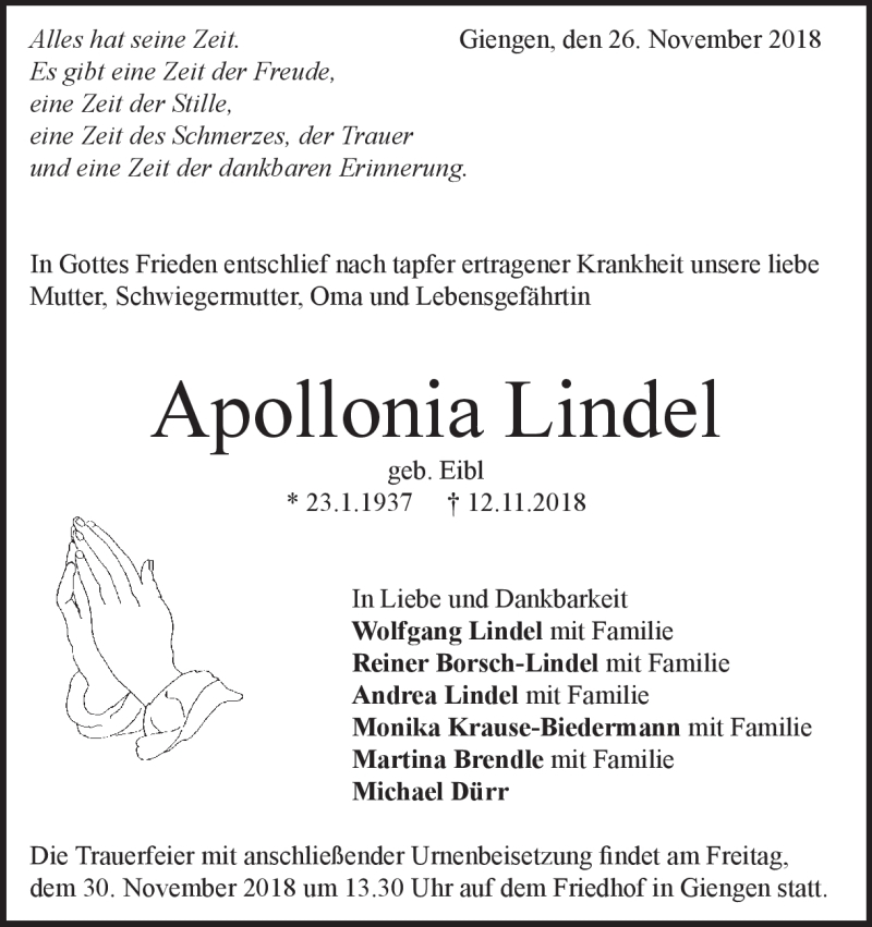  Traueranzeige für Apollonia Lindel vom 26.11.2018 aus Heidenheimer Zeitung