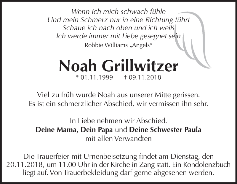  Traueranzeige für Noah Grillwitzer vom 16.11.2018 aus 