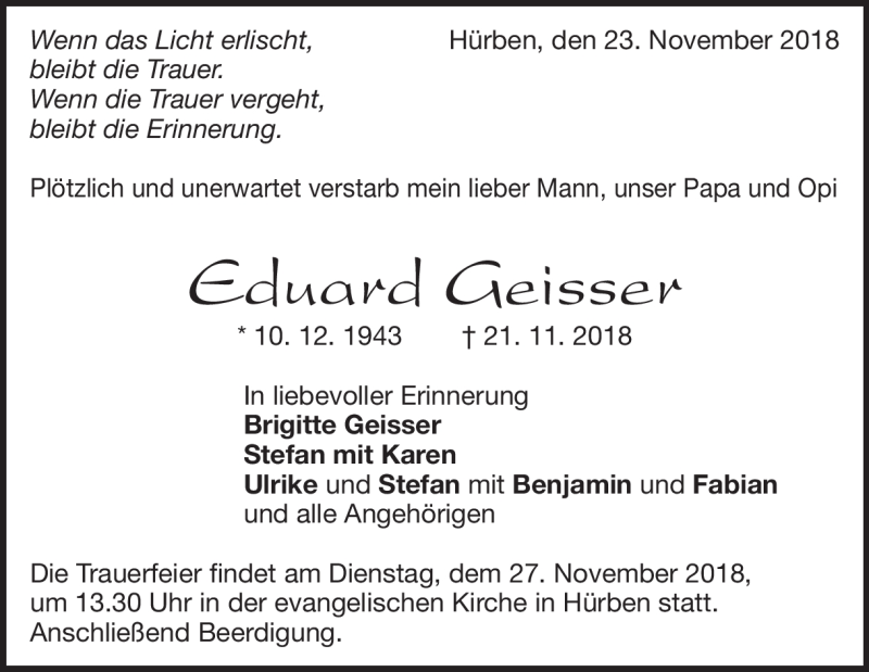  Traueranzeige für Eduard Geisser vom 23.11.2018 aus Heidenheimer Zeitung
