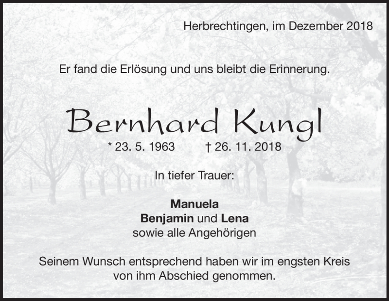  Traueranzeige für Berndhard Kungl vom 10.12.2018 aus Heidenheimer Zeitung