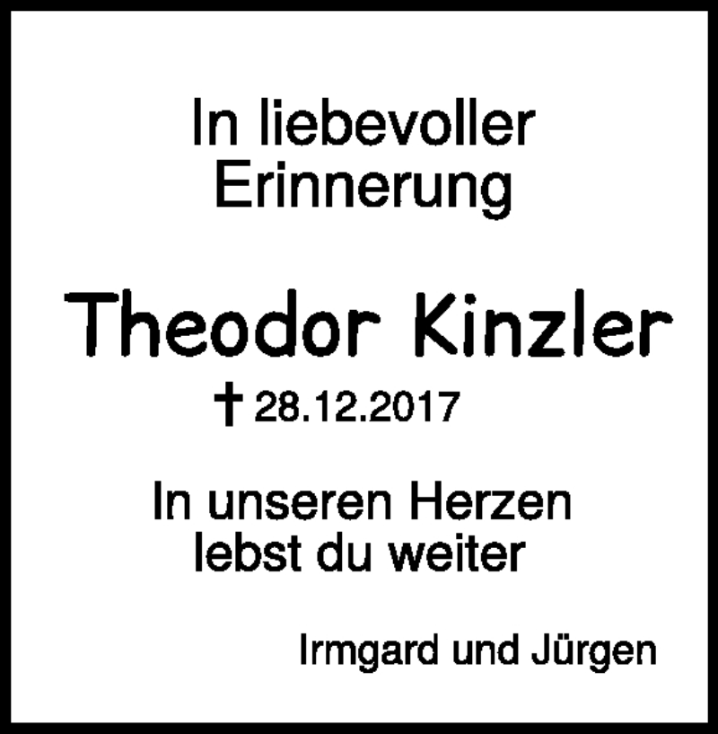  Traueranzeige für Theodor Kinzler vom 28.12.2018 aus Heidenheimer Zeitung