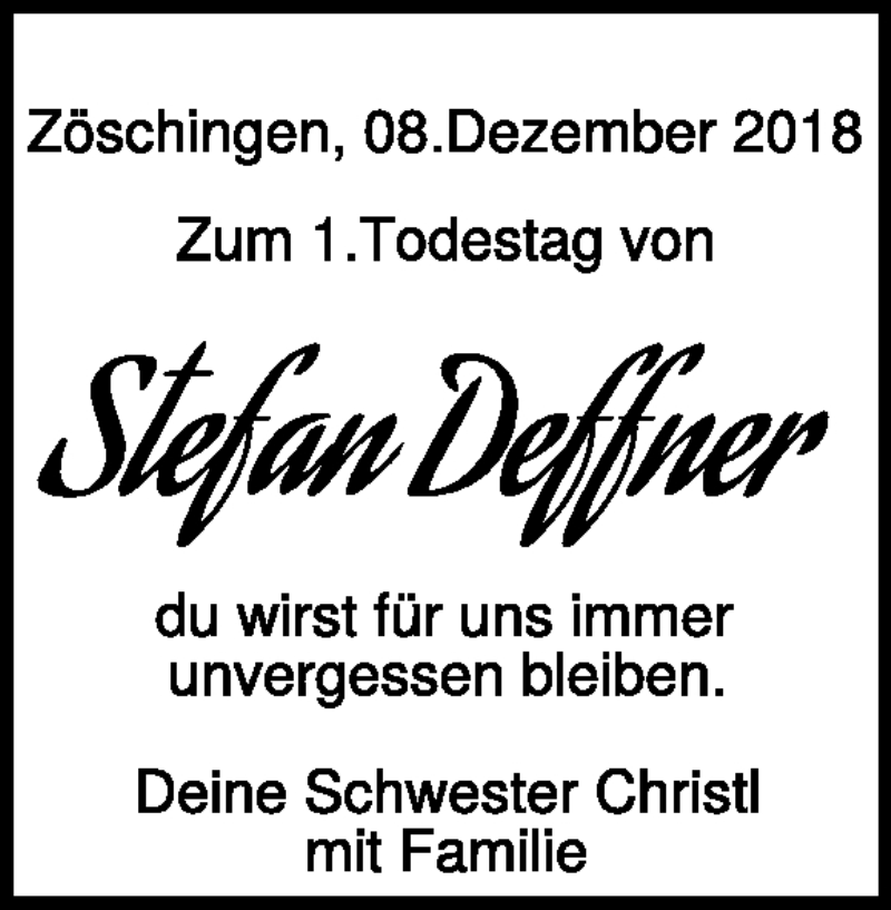  Traueranzeige für Stefan Deffner vom 08.12.2018 aus Heidenheimer Zeitung
