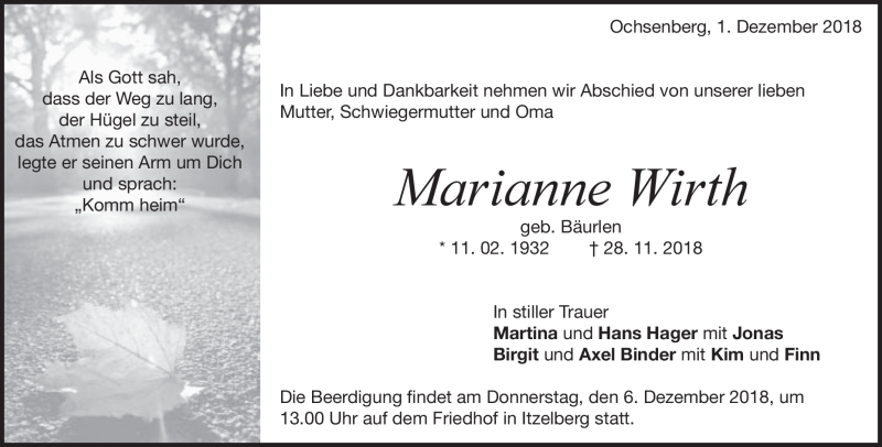  Traueranzeige für Marianne Wirth vom 01.12.2018 aus Heidenheimer Zeitung