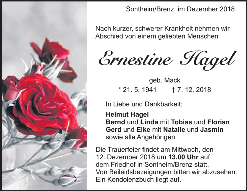  Traueranzeige für Ernestine Hagel vom 11.12.2018 aus Heidenheimer Zeitung