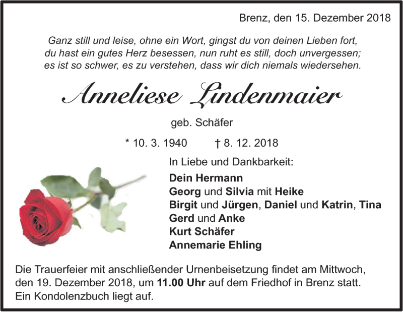  Traueranzeige für Anneliese Lindenmaier vom 15.12.2018 aus Heidenheimer Zeitung