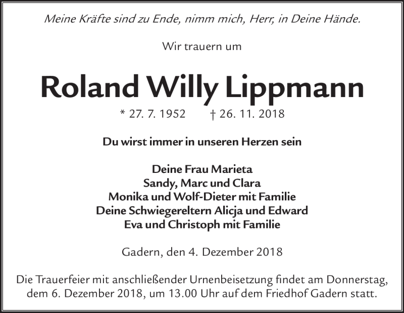  Traueranzeige für Roland Willy Lippmann vom 04.12.2018 aus Heidenheimer Zeitung