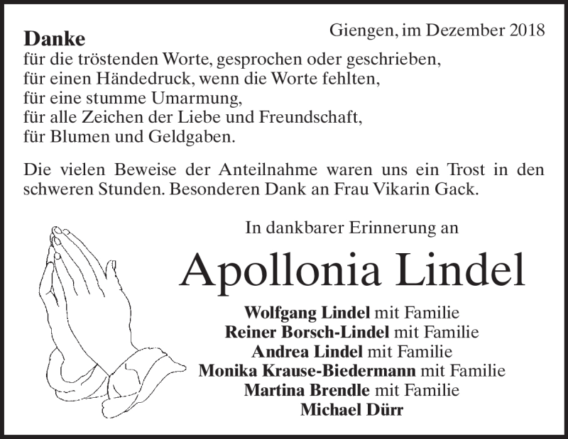  Traueranzeige für Apollonia Lindel vom 08.12.2018 aus Heidenheimer Zeitung