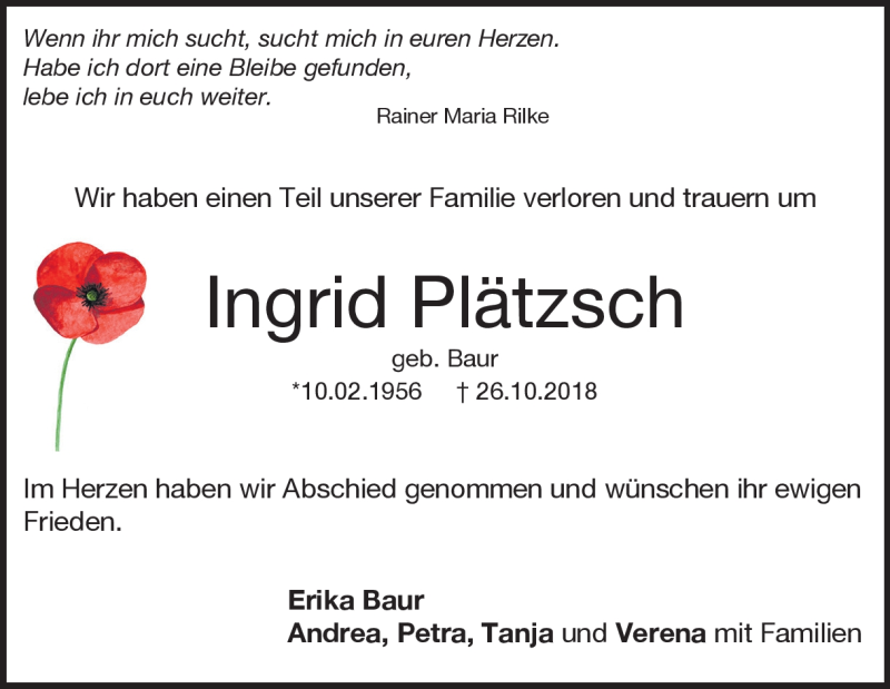  Traueranzeige für Ingrid Plätzsch vom 07.12.2018 aus Heidenheimer Zeitung