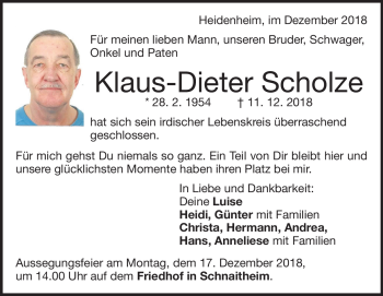 Traueranzeige von Klaus-Dieter Scholze von Heidenheimer Zeitung