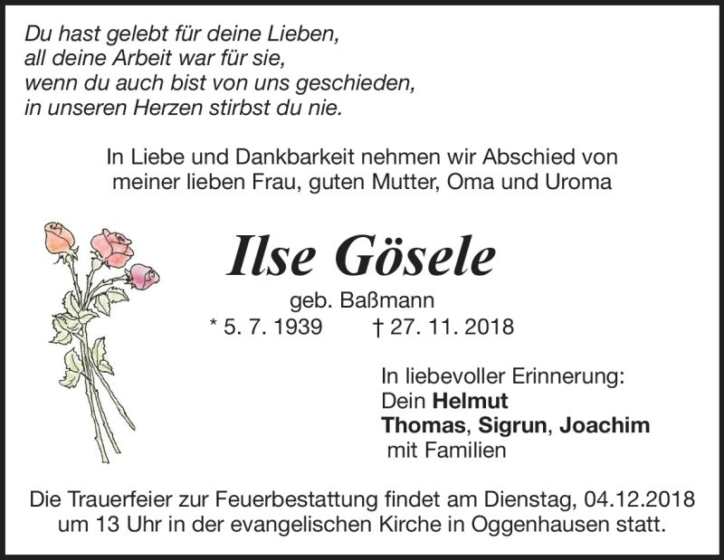  Traueranzeige für Ilse Gösele vom 01.12.2018 aus Heidenheimer Zeitung