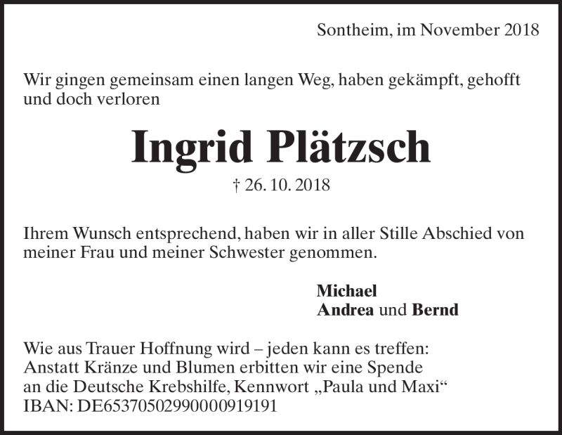  Traueranzeige für Ingrid Plätzsch vom 01.12.2018 aus Heidenheimer Zeitung