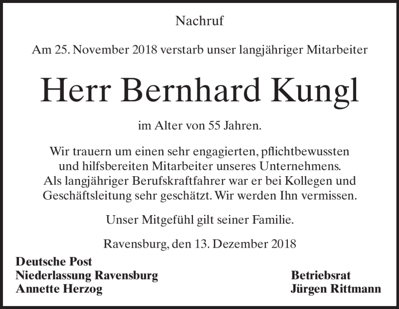  Traueranzeige für Berndhard Kungl vom 13.12.2018 aus Heidenheimer Zeitung
