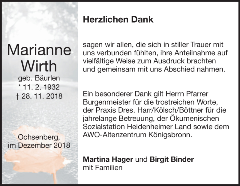  Traueranzeige für Marianne Wirth vom 15.12.2018 aus Heidenheimer Zeitung