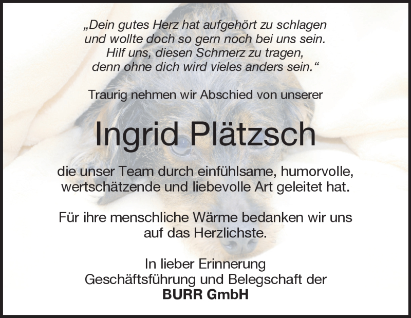  Traueranzeige für Ingrid Plätzsch vom 08.12.2018 aus Heidenheimer Zeitung