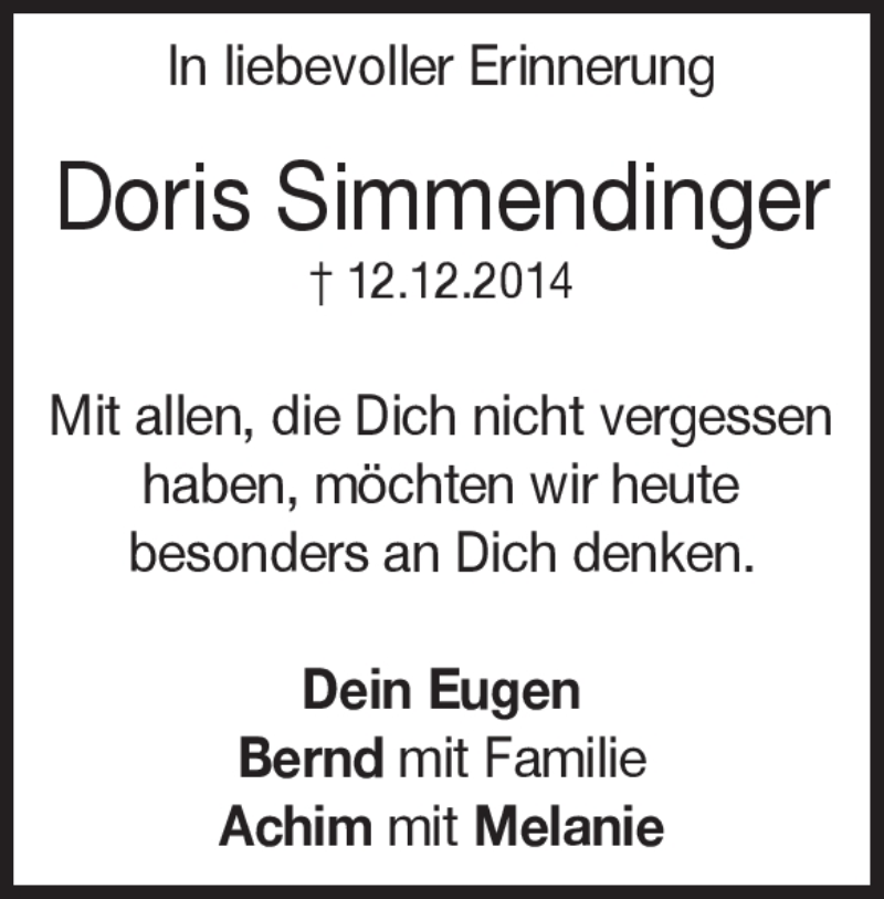  Traueranzeige für Doris Simmendinger vom 12.12.2018 aus Heidenheimer Zeitung