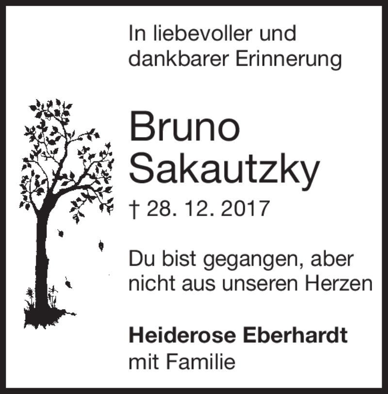  Traueranzeige für Bruno Sakautzky vom 28.12.2018 aus Heidenheimer Zeitung
