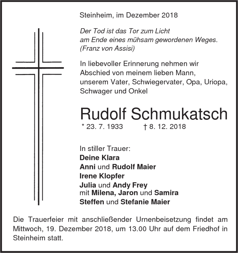  Traueranzeige für Rudolf Schmukatsch vom 14.12.2018 aus Heidenheimer Zeitung