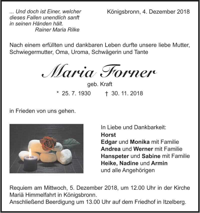  Traueranzeige für Maria Forner vom 04.12.2018 aus Heidenheimer Zeitung