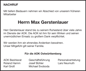 Traueranzeige von Max Gerstenlauer von Heidenheimer Zeitung