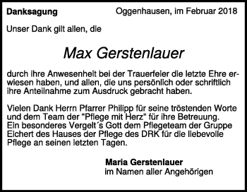 Traueranzeige von Max Gerstenlauer von Heidenheimer Zeitung