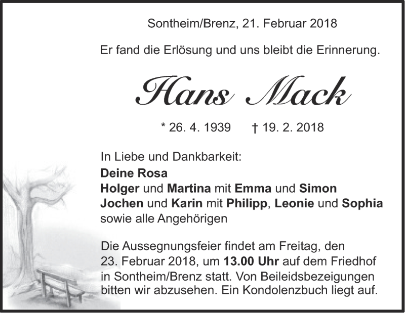  Traueranzeige für Hans Mack vom 21.02.2018 aus Heidenheimer Zeitung