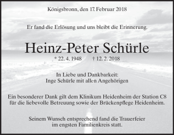 Traueranzeige von Heinz-Peter Schürle von Heidenheimer Zeitung