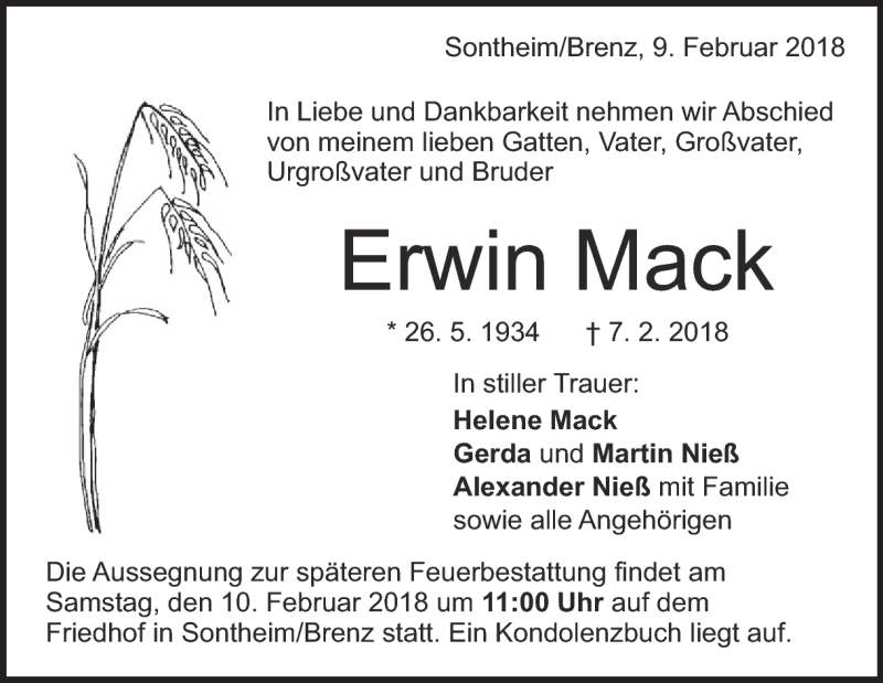  Traueranzeige für Erwin Mack vom 09.02.2018 aus Heidenheimer Zeitung