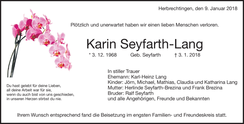  Traueranzeige für Karin Seyfarth-Lang vom 09.02.2018 aus Heidenheimer Zeitung