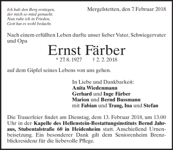 Traueranzeige von Ernst Färber von Heidenheimer Zeitung