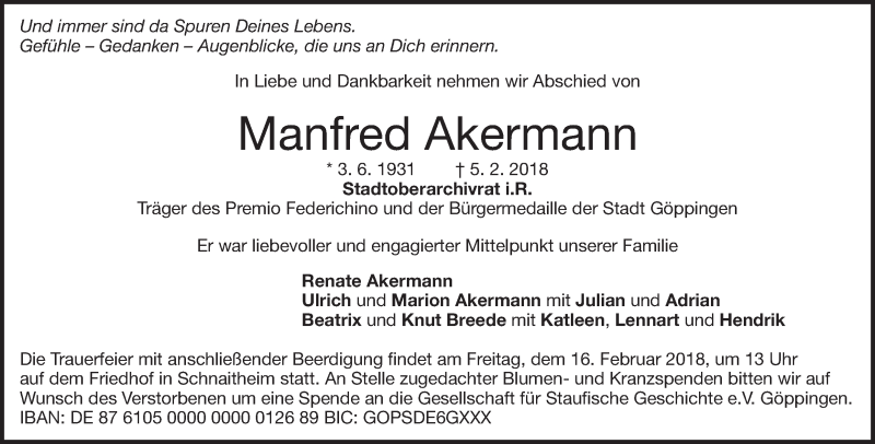  Traueranzeige für Manfred Akermann vom 10.02.2018 aus 