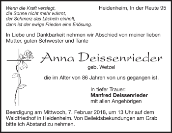 Traueranzeige von Anna Deissenrieder von Heidenheimer Zeitung