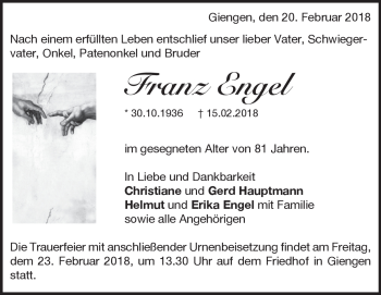 Traueranzeige von Franz Engel von Heidenheimer Zeitung