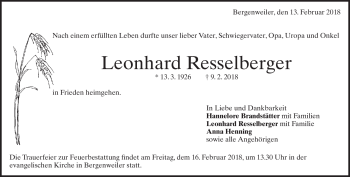 Traueranzeige von Leonhard Resselberger von Heidenheimer Zeitung