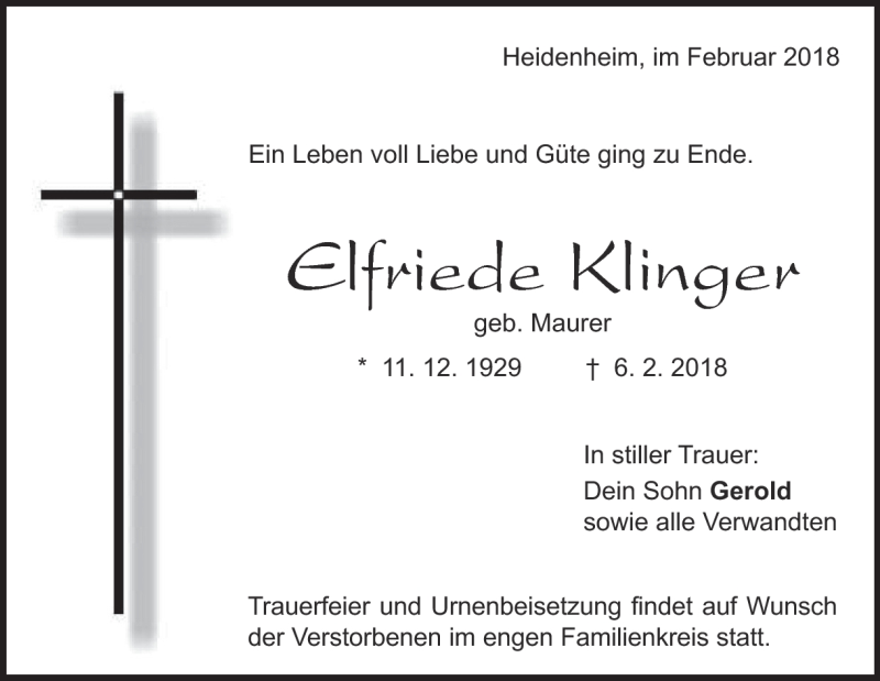  Traueranzeige für Elfriede Klinger vom 09.02.2018 aus Heidenheimer Zeitung