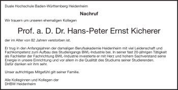 Traueranzeige von Hans Peter Ernst  Kicherer von Heidenheimer Zeitung