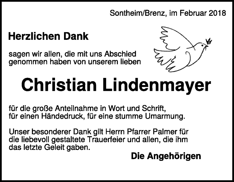  Traueranzeige für Christian Lindenmayer vom 21.02.2018 aus Heidenheimer Zeitung