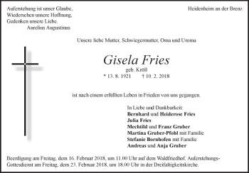 Traueranzeige von Gisela Fries von Heidenheimer Zeitung