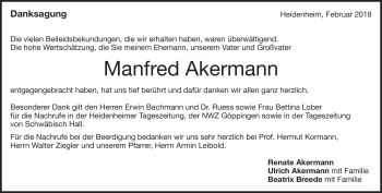 Traueranzeige von Manfred Akermann von Heidenheimer Zeitung