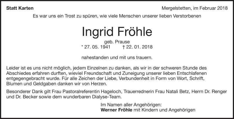  Traueranzeige für Ingrid Fröhle vom 17.02.2018 aus Heidenheimer Zeitung