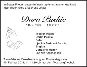 Traueranzeige von Duro Puskic von Heidenheimer Zeitung