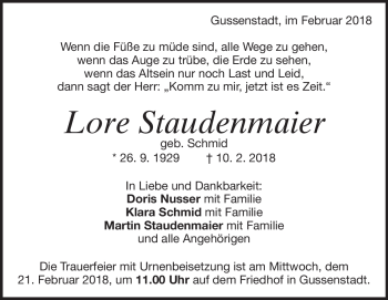 Traueranzeige von Lore Staudenmaier von Heidenheimer Zeitung