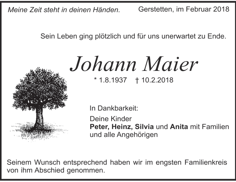  Traueranzeige für Johann Maier vom 17.02.2018 aus Heidenheimer Zeitung