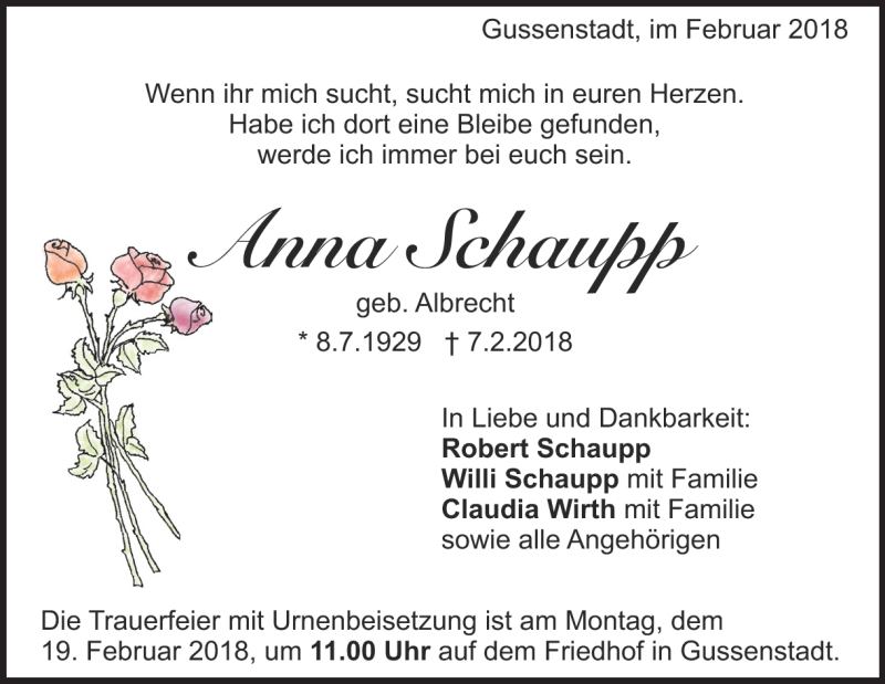  Traueranzeige für Anna Schaupp vom 15.02.2018 aus Heidenheimer Zeitung