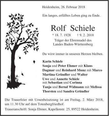 Traueranzeige von Rolf Schiele von Heidenheimer Zeitung