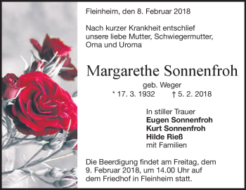 Traueranzeige von Margarethe Sonnenfroh von Heidenheimer Zeitung