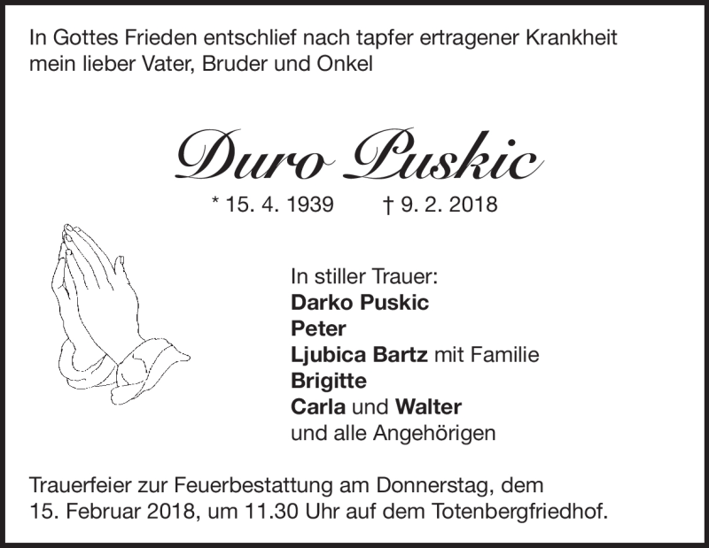  Traueranzeige für Duro Puskic vom 14.02.2018 aus Heidenheimer Zeitung