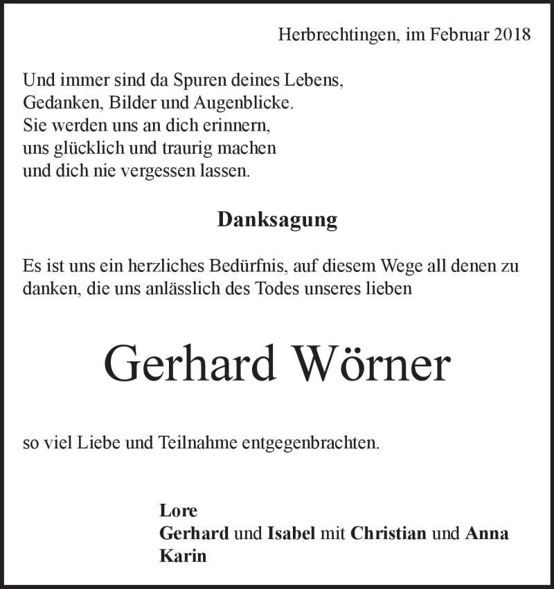  Traueranzeige für Gerhard Wörner vom 10.02.2018 aus Heidenheimer Zeitung