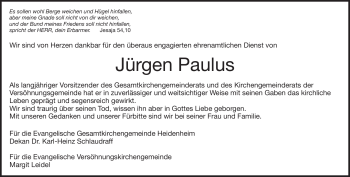 Traueranzeige von Jürgen Paulus von Heidenheimer Zeitung